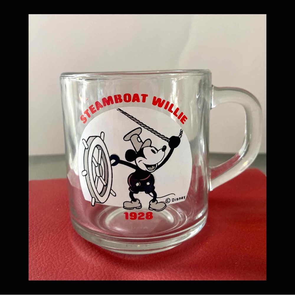 Vintage Steam Boat Willie Disney Mickey Mouse Glass Mug 1928